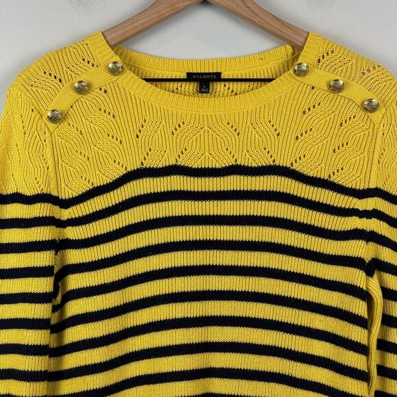 Talbots Sweater Womens Large Yellow Black Striped Cable Knit Long Sleeve Classic - Picture 3 of 9